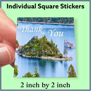 100 (2x2 Inch) Square Stickers, Lake Tahoe Fannette Island Emerald Bay Thank You